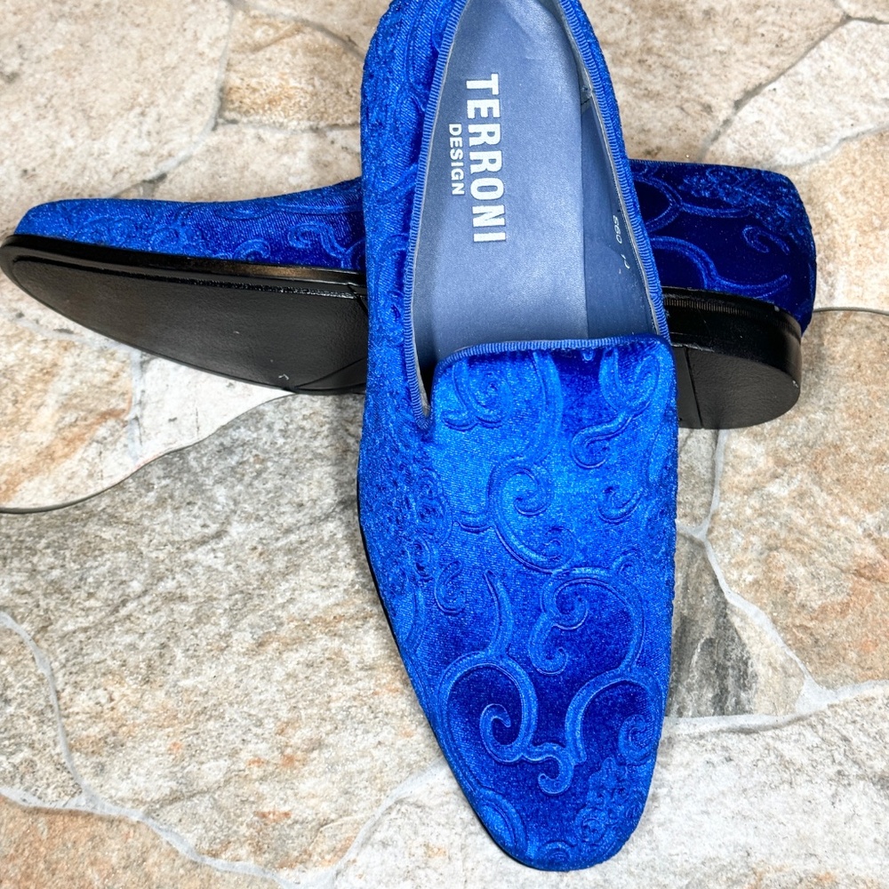 Terroni Royal Blue Men's Slip-On Dress Shoe-Faux Suede-Paisley Print-Fashionable